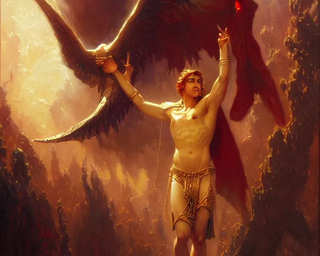 Image similar to attractive male deity, casting demonic magic, summoning handsome lucifer morning star. highly detailed painting by gaston bussiere, craig mullins, j. c. leyendecker 8 k