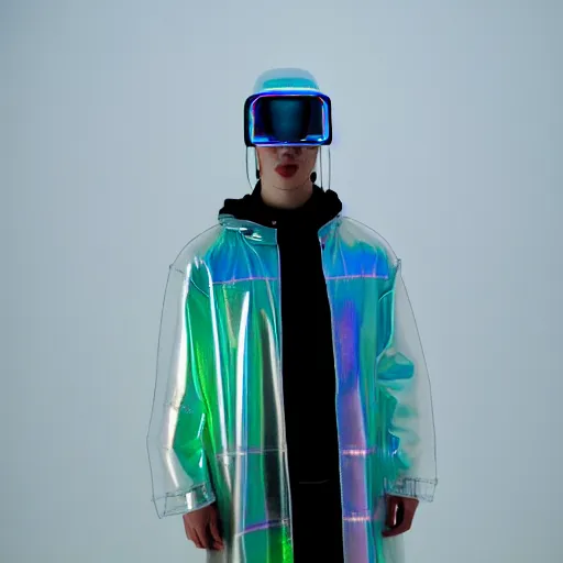 Prompt: an ultra high definition professional studio quality photograph of an artificially intelligent cyberpunk art influencer wearing a transparent iridescent pastel coloured face visor and matching ribbed raincoat on white coat hook in a sheer icelandic black rock environment. dramatic lighting. volumetric shadows. light rays