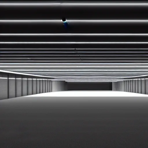 Image similar to a parking garage filled with lots of parking lights, a digital rendering by tadao ando, cg society, brutalism, vray tracing, vray, volumetric lighting