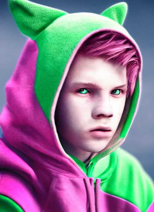 Image similar to a beautiful portrait of a cute teenage boy with pink hair and pink wolf ears and green eyes wearing a hoodie. artstation, pinterest, ambient occlusion, volumetric light, digital art, highly detailed, fine detail, complex fantasy character, rendered in octane