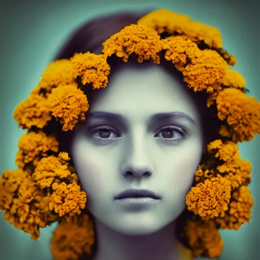 Image similar to realistic expired kodak film portrait of an angel woman flowers, marigold celestial vibe, hyperrealism, hypermaxiymalism, photorealistic, detailed, atmospheric, 8 k, award winning photography, cinematic