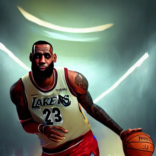 Image similar to highly detailed portrait lebron james basketball player in gta v, stephen bliss, unreal engine, fantasy art by greg rutkowski, loish, rhads, ferdinand knab, makoto shinkai and lois van baarle, ilya kuvshinov, rossdraws, tom bagshaw, global illumination, radiant light, detailed and intricate environment