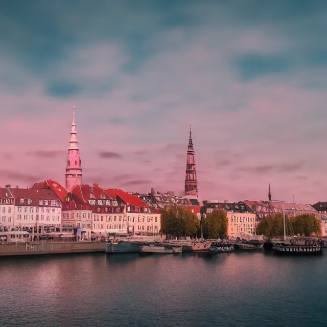 Image similar to copenhagen denmark on an ice cream mountain, pink ice cream mountain in the distance, cinematic, volumetric, realistic, cinematic lighting, ray tracing, unreal engine 5, octane render, hyper realistic, photo, 8 k