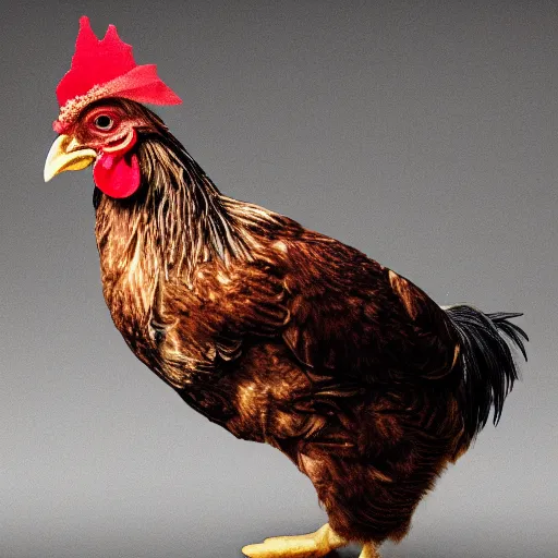 Prompt: a high quality photo of a chicken wearing a suit, 8k, digital art