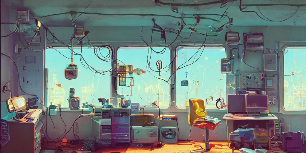 Prompt: cozy 9 0 s bedroom retrofuturism, cluttered, wires everywhere, computer, window, detailed by simon stalenhag