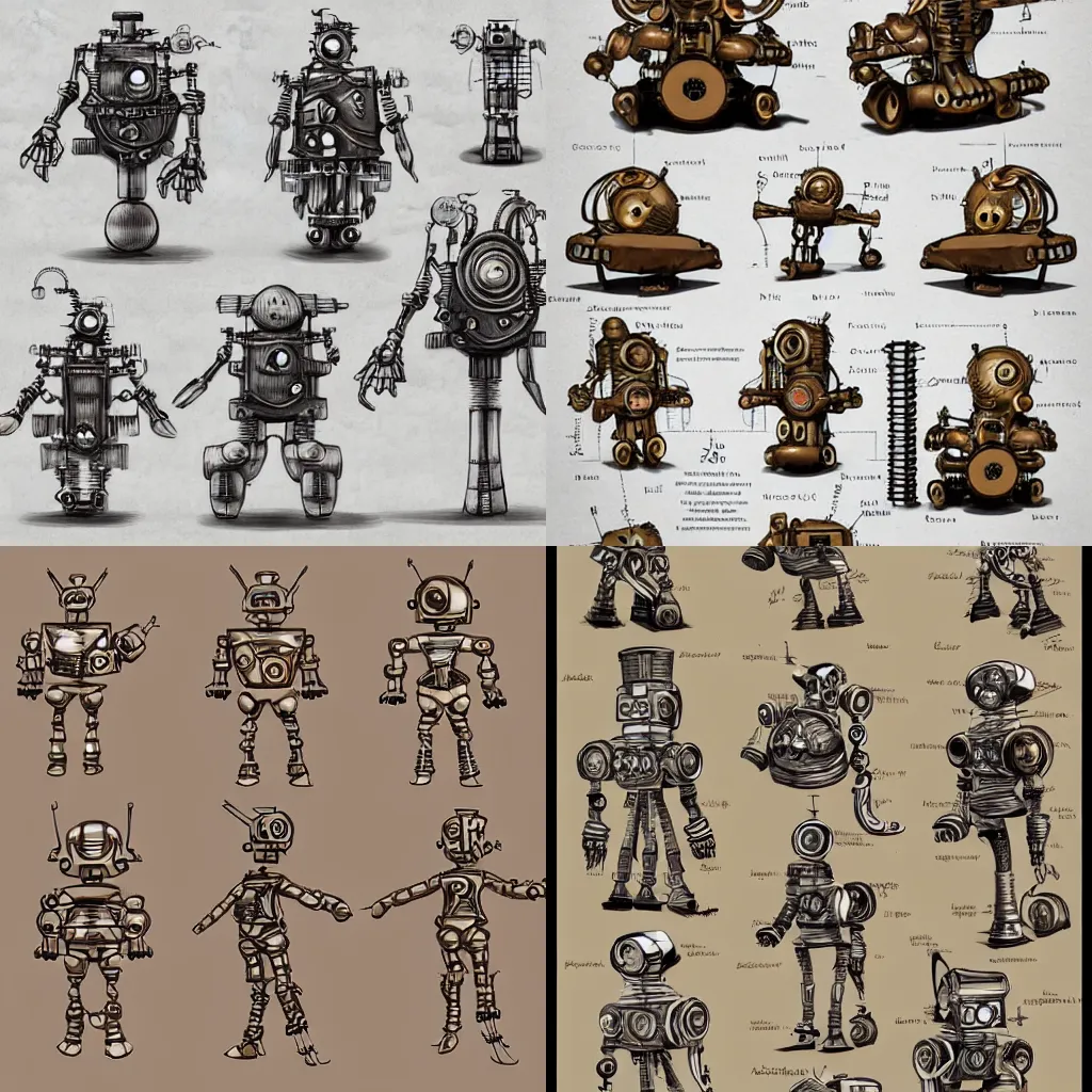 Prompt: cute steampunk robot concept art model sheet design
