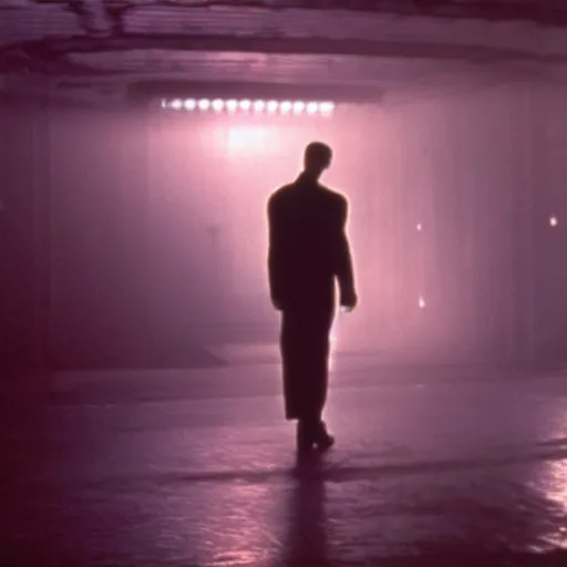 Image similar to the backrooms are empty, there is a lone replicant standing off in the distance, still from the movie bladerunner