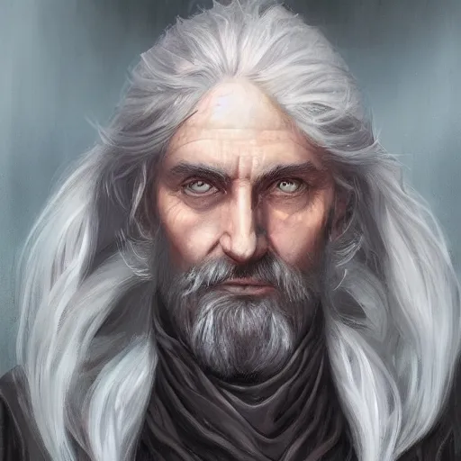 Image similar to a detailed matte head - on portrait painting of a sly older sorcerer, with a small beard, salt and pepper hair, portrait by charlie bowater, lise deharme, wlop, tending on arstation, dungeons and dragon, dnd, pathfinder, fanart, oil on canvas