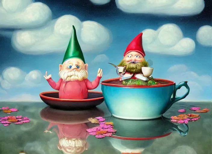 Prompt: a garden gnome sailing in a teacup, whimsical background of a reflective pond on a sunny day with dramatic clouds, an ultrafine detailed painting by mark ryden, trending on deviantart, pop surrealism, whimsical, lowbrow, grotesque
