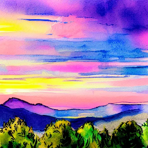 Prompt: a beautiful view of blue mountains with a pink and blue rising sun cloudy sky, watercolor-wash, soft pastel colors