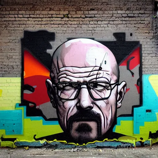 Image similar to Heisenberg, Walter White as Batman, Urban Graffiti Banksy, Bordalo, trending on artstation