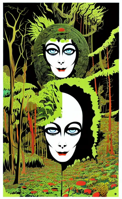 Prompt: psychedelic eyes in an enchanged forest wide angle shot, white background, vector art, illustration by frank frazetta and salvador dali