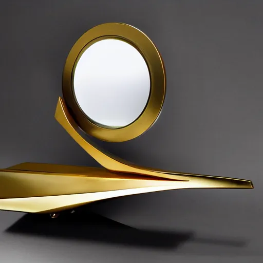 Image similar to gold sink designed by zaha hadid, atop a black onyx stand. Behind it is a gold sunburst mirror.