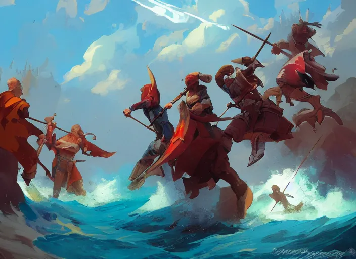 Image similar to cover concept art of a medieval battles in the sea, volumetric lighting, official fanart behance hd artstation by Jesper Ejsing, by RHADS, Makoto Shinkai and Lois van baarle, ilya kuvshinov, rossdraws