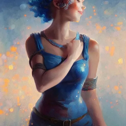 Prompt: a beautiful painting of a smiling woman with stylish short blue hair and sparkling blue eyes in a rustic saloon representative of the art style of artgerm and wlop and peter mohrbacher