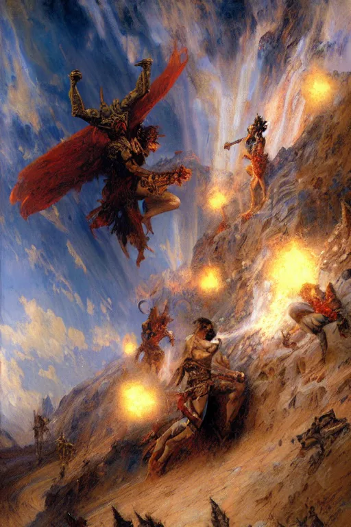 Prompt: war between good and evil, painting by gaston bussiere, craig mullins