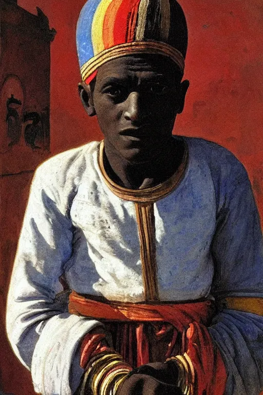 Image similar to a closer hero portrait of a live nubian temple guard with very piercing blue eyes, incredibly charismatic. in old egypt. masterpiece, dramatic light and shadow, saturated colors, ciaroscuro. painted by carl larsson