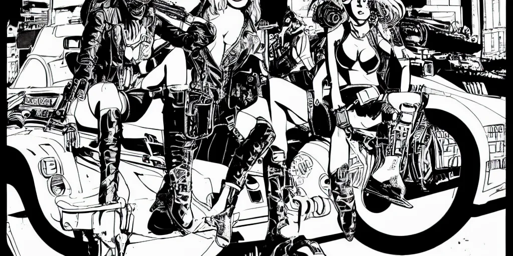 Image similar to single tank girl sitting on top of the tank. comic book style. black and white. illustration. marvel. print. high details.