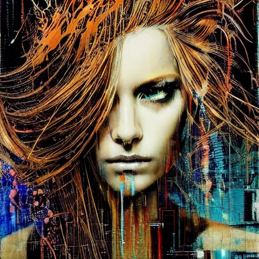 Prompt: hyperrealistic portrait of a mysterious cyberpunk woman with flowing hair, by Guy Denning, Russ Mills, beautiful, elusive, glitch art, hacking effects, face enhanced, glitch effects, brown eyes, digital tech effects, cybernetics, detailed lines, intricate detail, holographic, polished, chromatic, clear, color blocking, acrylic on canvas, octane, concept art, abstract, red face, front view, artistic, 8k, cgsociety, trending on artstation