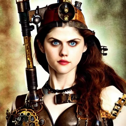 Prompt: full shot photo of alexandra daddario as a steampunk warrior