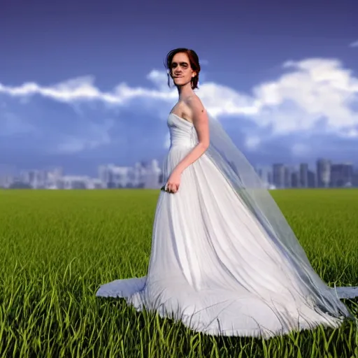 Prompt: emma watson in her wedding dress on a vast field, extremely long hair, unreal engine