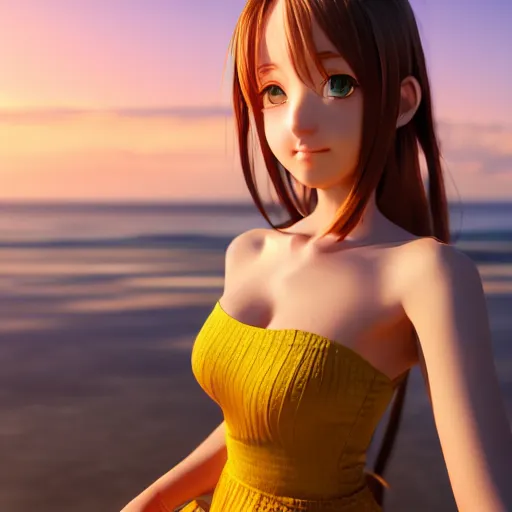 Prompt: Render of a very beautiful 3d anime girl, nami, long hair, hazel eyes, cute freckles, full round face, short smile, cute sundress, golden hour, serene beach setting, medium shot, mid-shot, highly detailed, trending on Artstation, Unreal Engine 4k