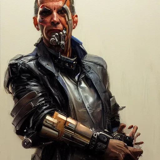 Image similar to a male cyberpunk criminal sneering, sci fi character portrait by Michael Garmash, Donato Giancola