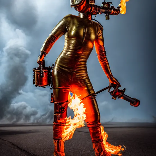 Prompt: full length photo of a beautiful atompunk warrior with a flamethrower, 8 k, hdr, smooth, sharp focus, high resolution, award - winning photo