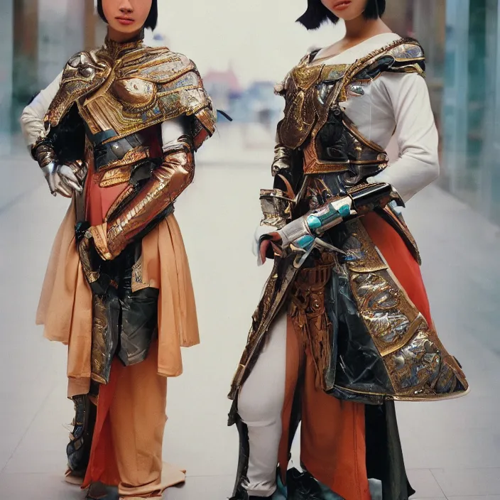 Prompt: future fashion, feminine, cyberpunk thailand, holy roman empire, 8 k, plate armor, nylon, neoprene, ektachrome, olympics, hd photography, award winning, stylish, optimistic, by alphonse mucha