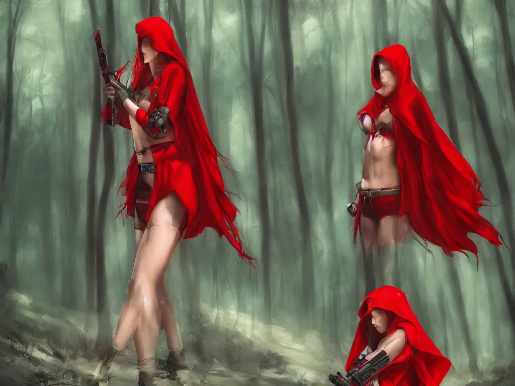 Image similar to a lonely girl in a red hood with a hummer in a deep mystical forest. award winning. dramatic. trending on artstation. midjourney. high quality