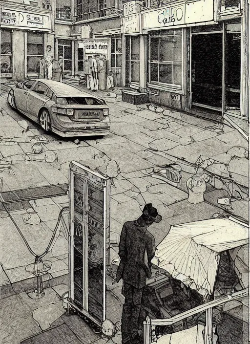 Image similar to illustration of a 2 0 8 0 desolate society scene by shaun tan, clean, emptyness, torn paper decollage, graphic novel, oil on canvas by edward hopper, ( by mattias adolfsson ), by moebius