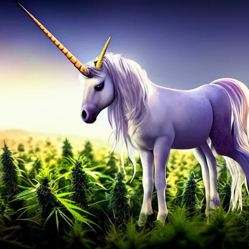 Image similar to a unicorn with wings standing in a field of marijuana eating, wildlife photography, 8 k, highly detailed, ultra realistic