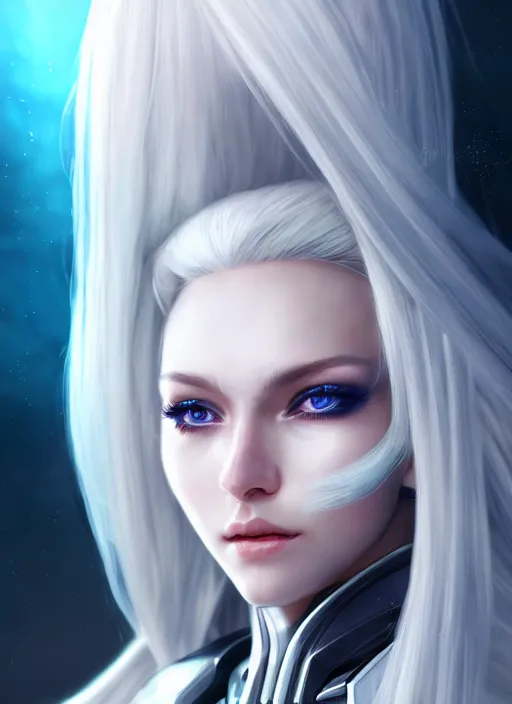 Image similar to detailed portrait of perfect white haired girl, android, warframe armor, beautiful, pretty face, blue cyborg eyes, innocent, scifi, 4 k, sun yunjoo, ultra realistic, aura of light, cinematic lighting, highly detailed, sharp focus, artstation, masterpiece, art by hyungjin yang