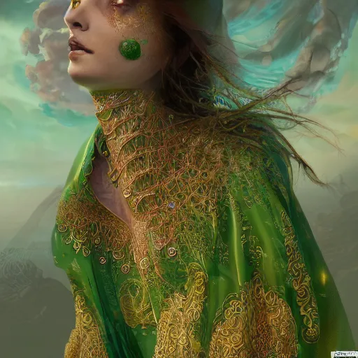 Image similar to a beautiful woman wearing a green kaftan made of silk with golden ornaments by alex gray and android jones , Karol Bak, Ayami Kojima, Amano , concept art, character design, fantasy,3D, 8k resolution