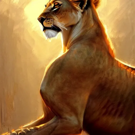 Image similar to highly detailed portrait of a majestic lioness queen in the form of a beautiful woman. d & d, art by don bluth and ruan jia and carl larsson. trending on artstation, intricate details, energetic composition, golden ratio, concept art, illustration, elegant art