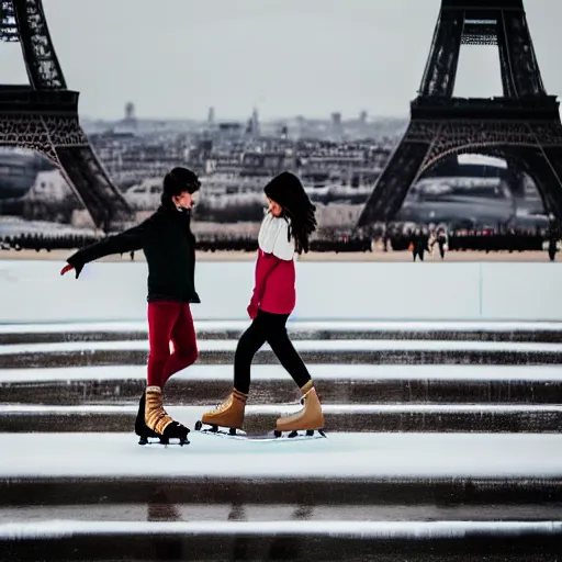 Prompt: extreme long shot, landscape, man and woman with long brown hair ice skating in front of eiffel tower, perfect legs, soft lighting, soft aesthetic, cool pallet, soft focus