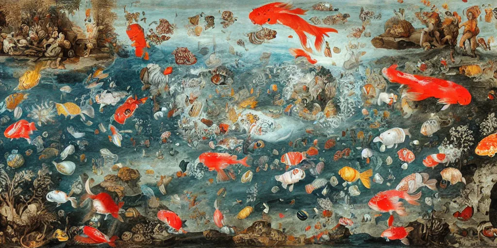 Image similar to Underwater, An ancient city in the deep sea, giant koi fish, by james jean, by Peter Paul Rubens and Jan Bruegel the Elder