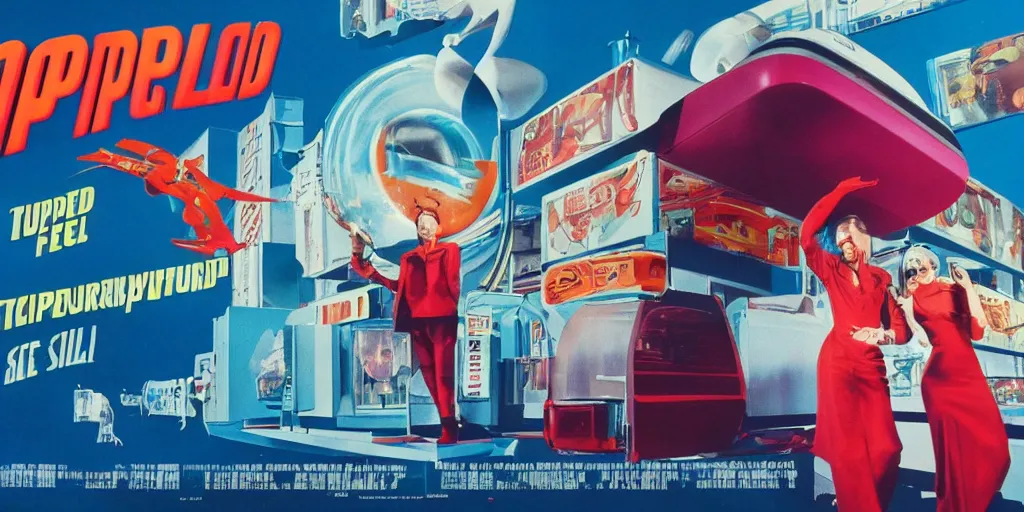 Image similar to still image from a retro futurism themed film about man who sells tupperware called tupperworld, cinematic, widescreen, imax, retro futurism fashion and architecture, movement, movie poster