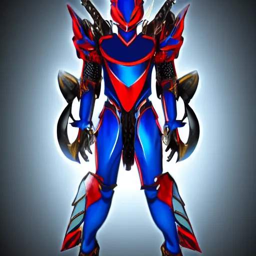 Image similar to High Fantasy Kamen Rider, blue armor with red secondary color, 4k, glowing eyes, daytime, rubber suit, dragon inspired armor, Guyver Dark Hero armor