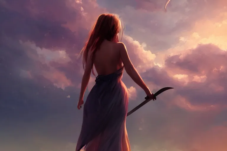 Image similar to back shot of one single beautiful girl in sundress gazing back, holding two swords, digital art by wlop. artstation contest winner, cinematic paint. lower shot. dramatic cloud in background. sunset