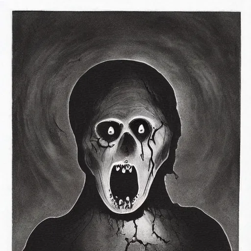 Image similar to A beautiful print that captures the feeling of terror and anguish. The bright sky contrasts sharply with the dark, ominous figure in the background, creating a sense of unease and foreboding. The figure's face is twisted in a scream of agony, conveying the true horror of the scene. This print is truly a masterpiece of emotion and terror. by Käthe Kollwitz a e s t h e t i c