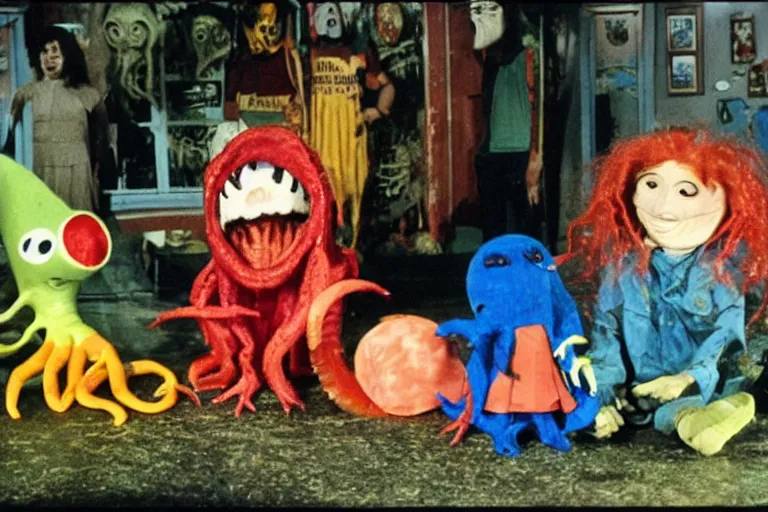 Prompt: full color frame from a live action 1972 kids show with Cthulhu, sad cheese puppet, and the friends, horror, grunge, wet, upsetting