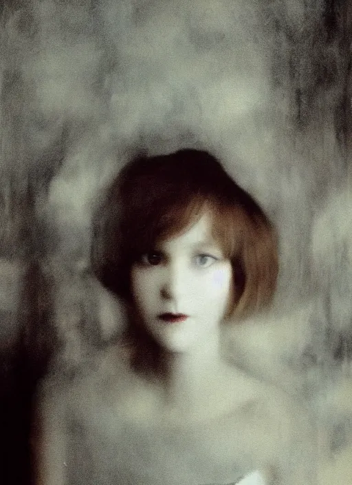 Image similar to out of focus photorealistic portrait of < zelda fitzgerald > as a beautiful young lady by sarah moon, very blurry, translucent white skin, closed eyes, foggy, closeup