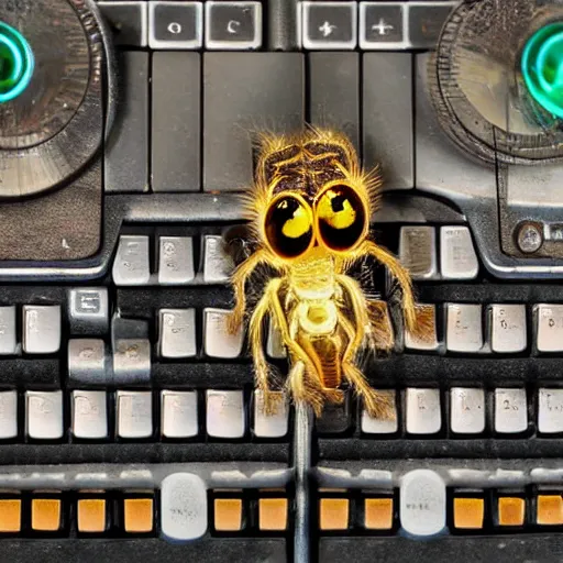 Prompt: a jumping spider prrssing a tiny computer keyboard key tiny, scrolling computer mouse, music show, party lights, typing on a screen, writing says n minus infinity, s infinity, macro lens, iridescent, photomontage