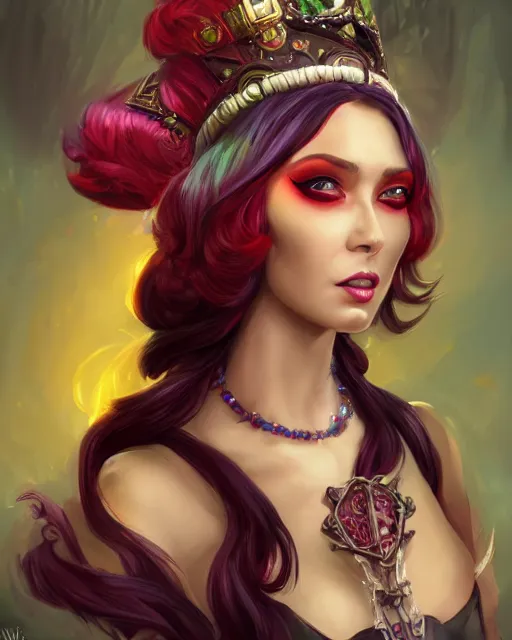 Prompt: the empress of licorice, D&D character art, candyland character, black licorice twist hair, licorice clothing, femme fatale, realistic digital painting, fantasy art, digital painting, character portrait, intricate ornamentation, by WLOP, Artstation Trending, Wayne Reynolds