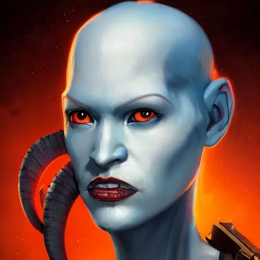 Image similar to portrait of a female Twi'lek by Greg Rutkowski, blue skin, she is about 30 years old, wearing black sith uniform, Star Wars Expanded Universe, highly detailed portrait, digital painting, artstation, concept art, smooth, sharp foccus ilustration, Artstation HQ