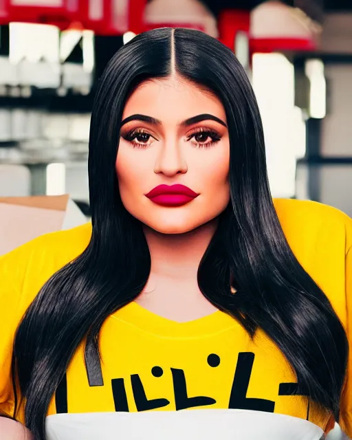 Prompt: film still of obese kylie jenner as a mcdonald's worker, vibrant high contrast, octane, arney freytag, cinematic, portrait, backlit, rim lighting, 8 k