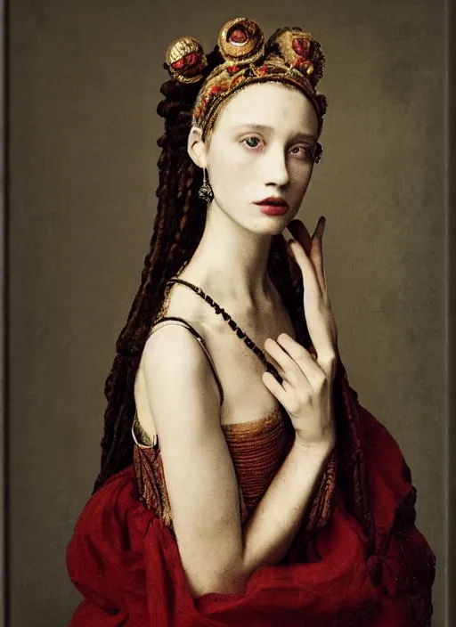 Image similar to portrait of young woman in renaissance dress and renaissance headdress, art by paolo roversi