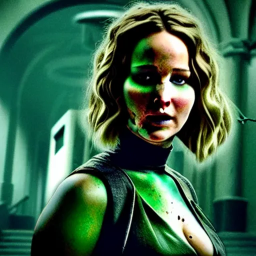 Prompt: cinematic jennifer lawrence as frankensteins monster, color photography, sharp detail, she is amused, still from the movie avengers, dirt on face