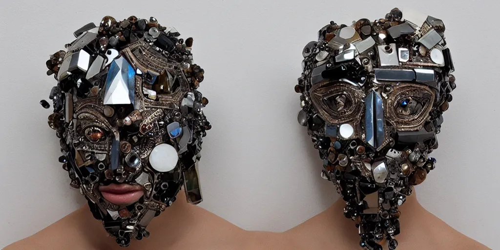 Prompt: a beautiful cyborg made of ceremonial quartz maske